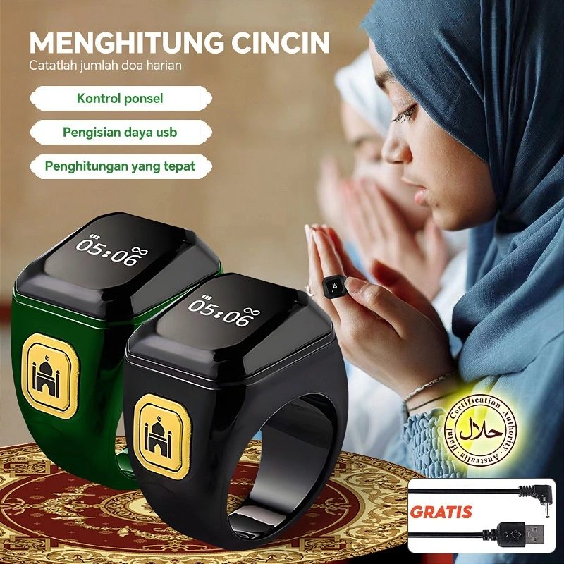 18mm 20mm 22mm Zikr Smart  Ring Tasbih Digital Bluetooth LED Display Ring Diameter Berdoa memohon berkah Nyanyian Cincin