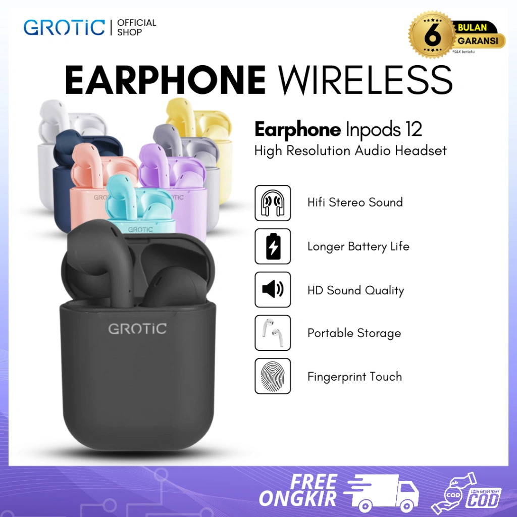 GROTIC Headset Bluetooth inpods 12 TWS Macaron Earphone True Wireless Stereo HIFI Sentuh Earbud i12