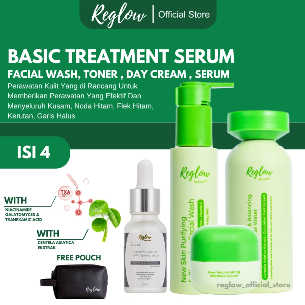 Reglow Paket Skin GLOWING Treatment FREE POUCH Facial Wash 2in1 toner Micellar water Rejuvenating Cream Serum