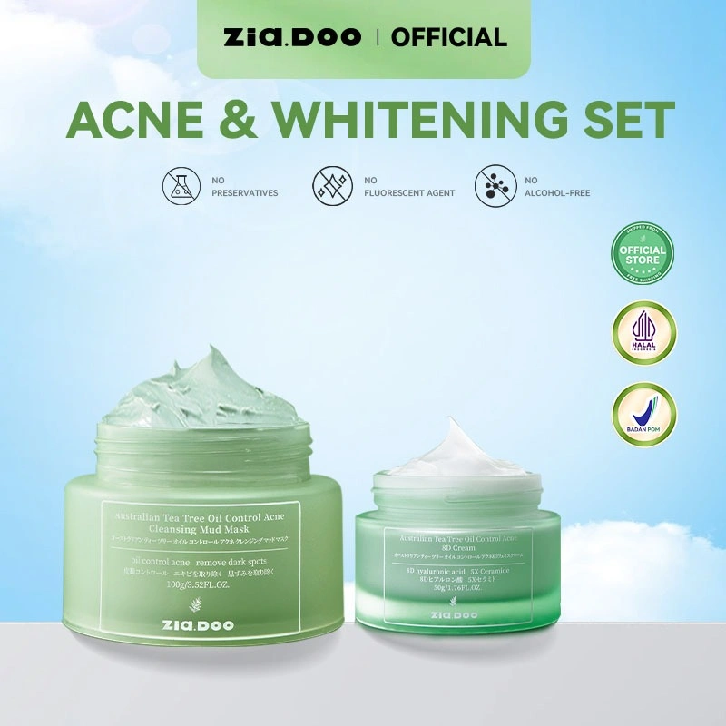 ZIA.DOO Australian Tea Tree Oil Skincare Set – Clay Mask 100g/60g + Moisturizer 50g/15g | Atasi Jerawat, Minyak Berlebih, Mencerahkan & Skin Barrier, Niacinamide