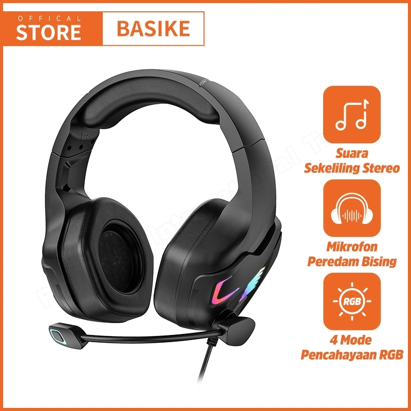 BASIKE Headset Gaming Headphone Kabel USB+3.5mm Wired RGB Noise Cancelling Music Bass original
