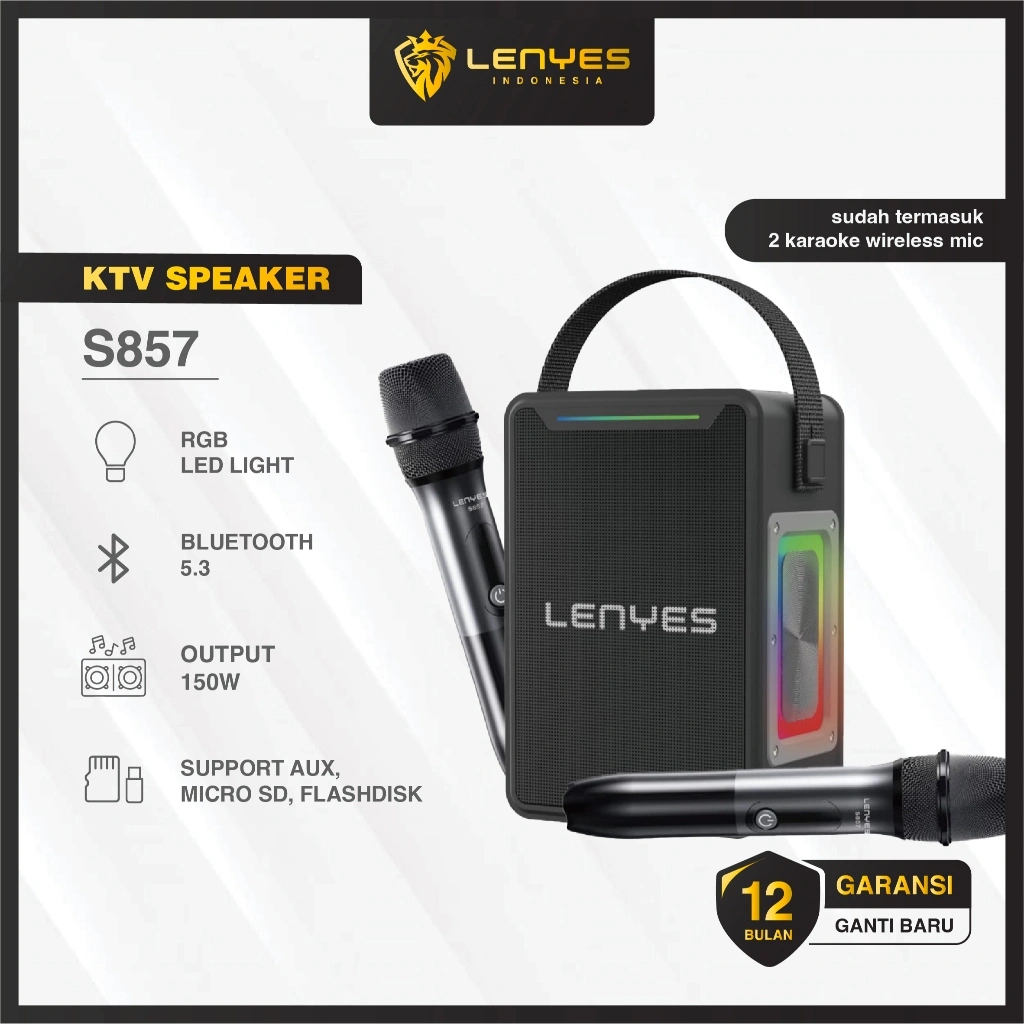 LENYES S857 150W KTV Wireless Speaker + Microphone Karaoke Bluetooth 5.3 Portable RGB Light DSP High Power TWS