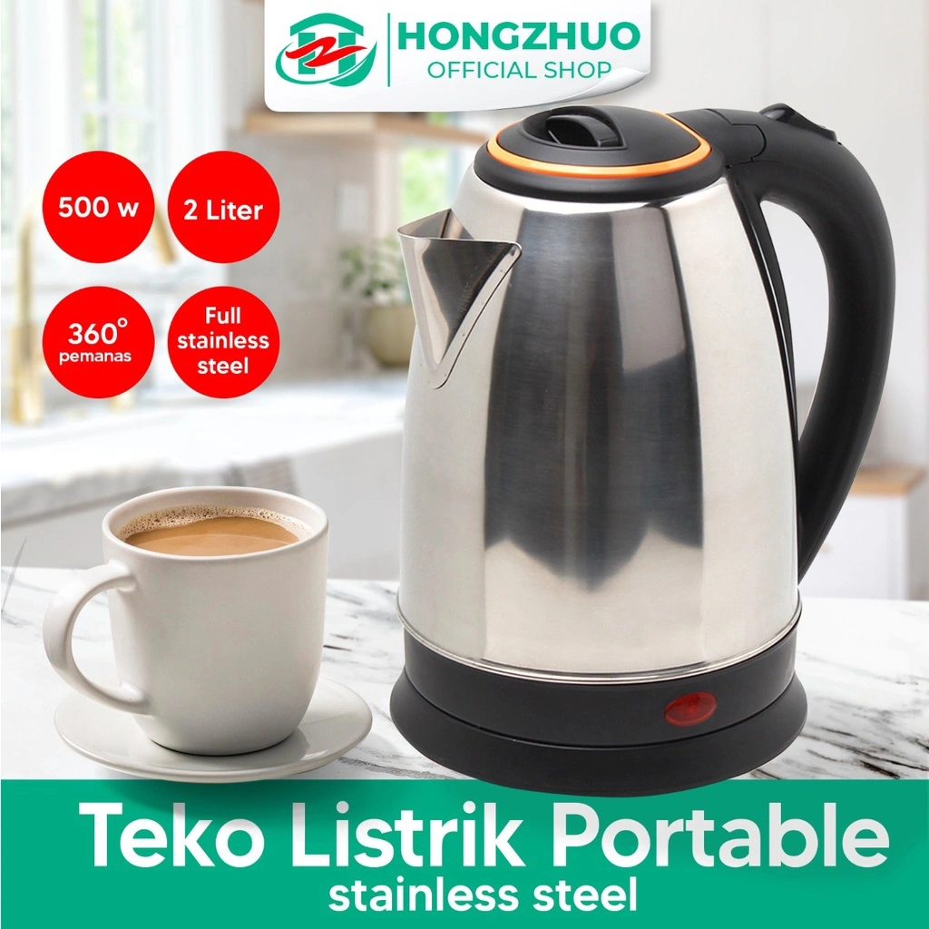 Hongzhuo Teko Listrik 2 Liter Full Stainless Steel Pemanas Air Electric Kettle Ketel Besar Otomatis 500 Watt
