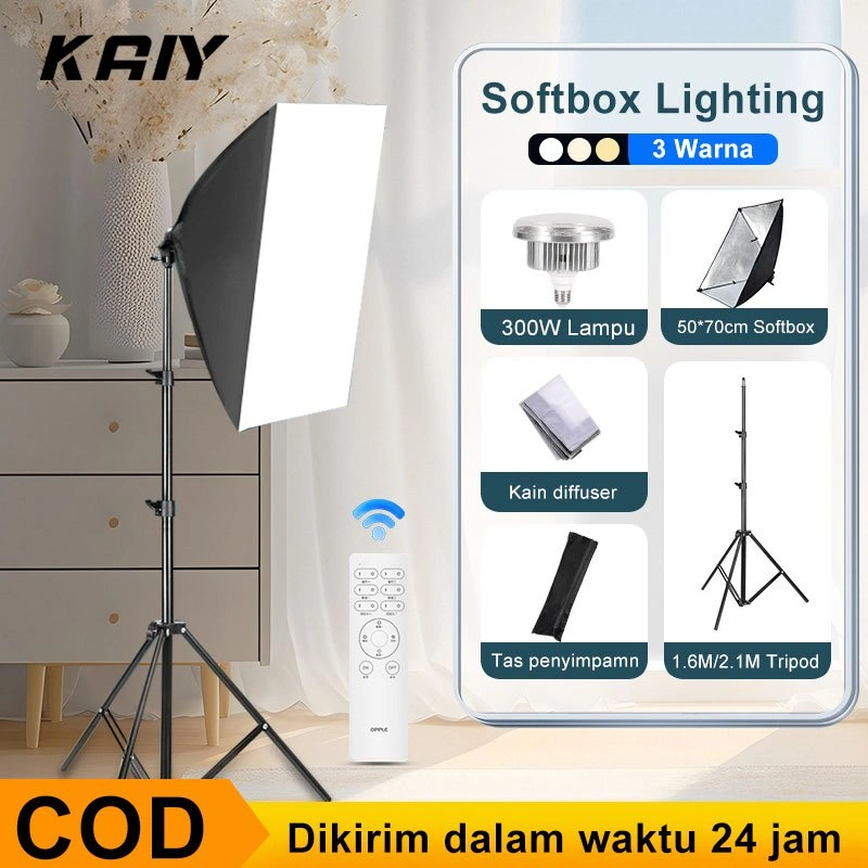 KAIY Softbox Lighting Kit 3 Warna 300W lampu Kontent Kreator Live Streaming Studio+Ring Light Kit with Remote 3000K 5000k