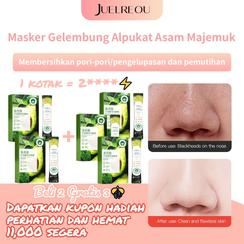 [JUELREOU] Beli 2 Gratis 3[4g*12 bungkus]Masker gelembung alpukat asam majemuk/Pembersihan mendalam, penghilang komedo, jerawat, pelembab, peremajaan kulit, masker pembersih pori-pori/Avocado Mask Complex Bubble Sleeping Mask Deep Cleansing