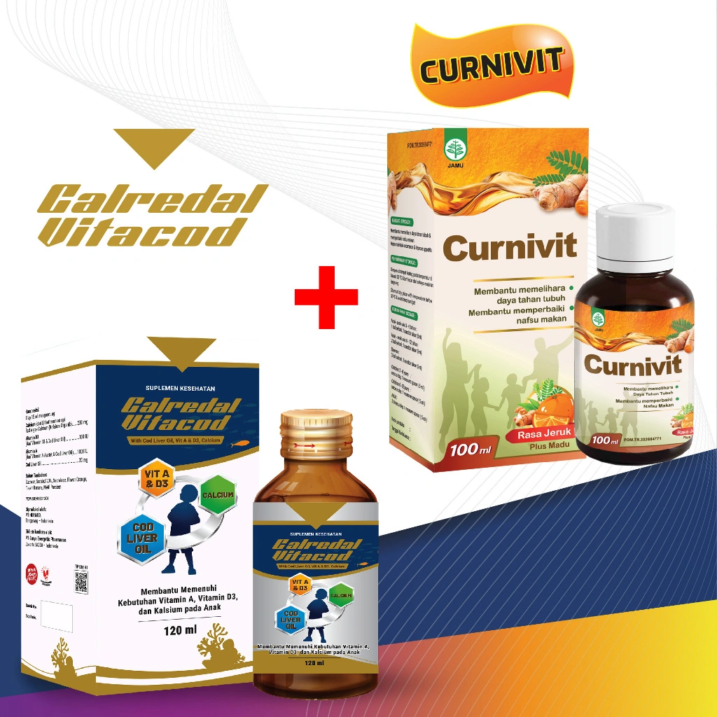 Indopharmacy - PAKET HEMAT ANAK Vitamin Sirup CALREDAL VITACOD 120ml + CURNIVIT Sirup 100 ML Rasa Jeruk | Membantu memenuhi kebutuhan Vitamin dan Kalsium pada Anak - Memelihara Daya Tahan Tubuh dan Memperbaiki Nafsu Makan
