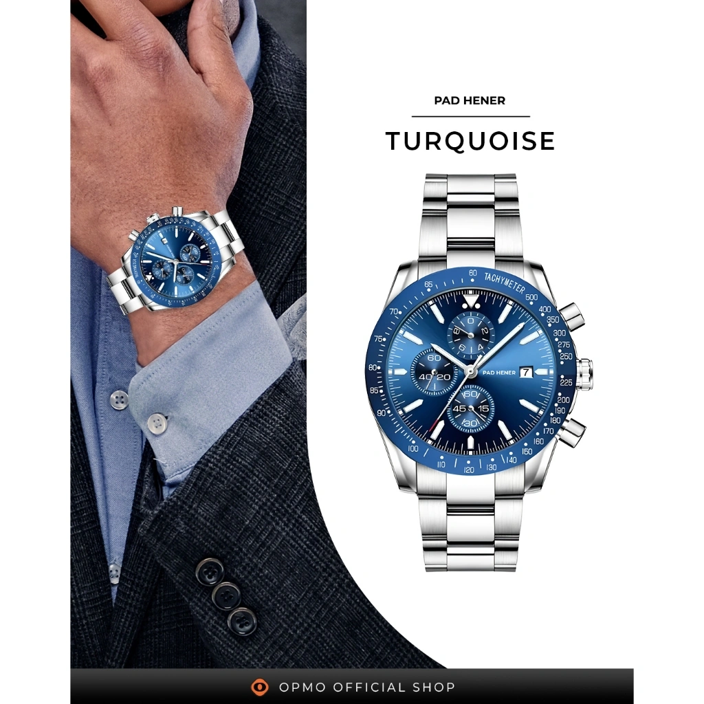 PAD HENER TURQUOISE Jam Tangan Pria Stainless Steel Original Anti Air Rantai Mewah Luxury Chronograph Quartz Glow In The Dark