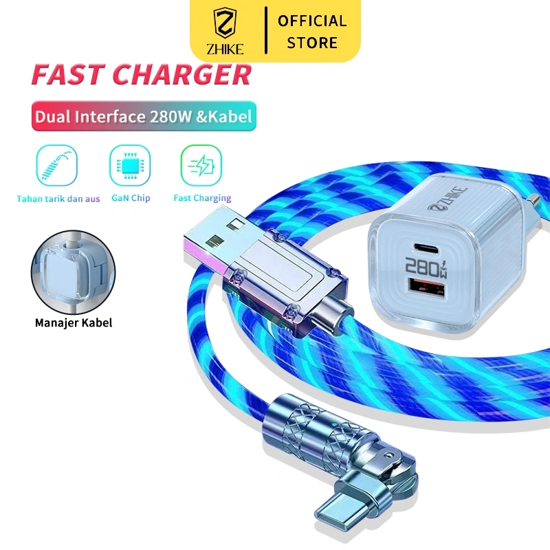 ZHIKE Kabel Pengisi Daya Cepat Kabel Data Bercahaya Streamer Type C Micro USB Charger Fast Charging dengan Adaptor 280W Rotasi 180° Panjang 1M Ikat Kepala Pengisi Daya Cepat HP Lampu LED