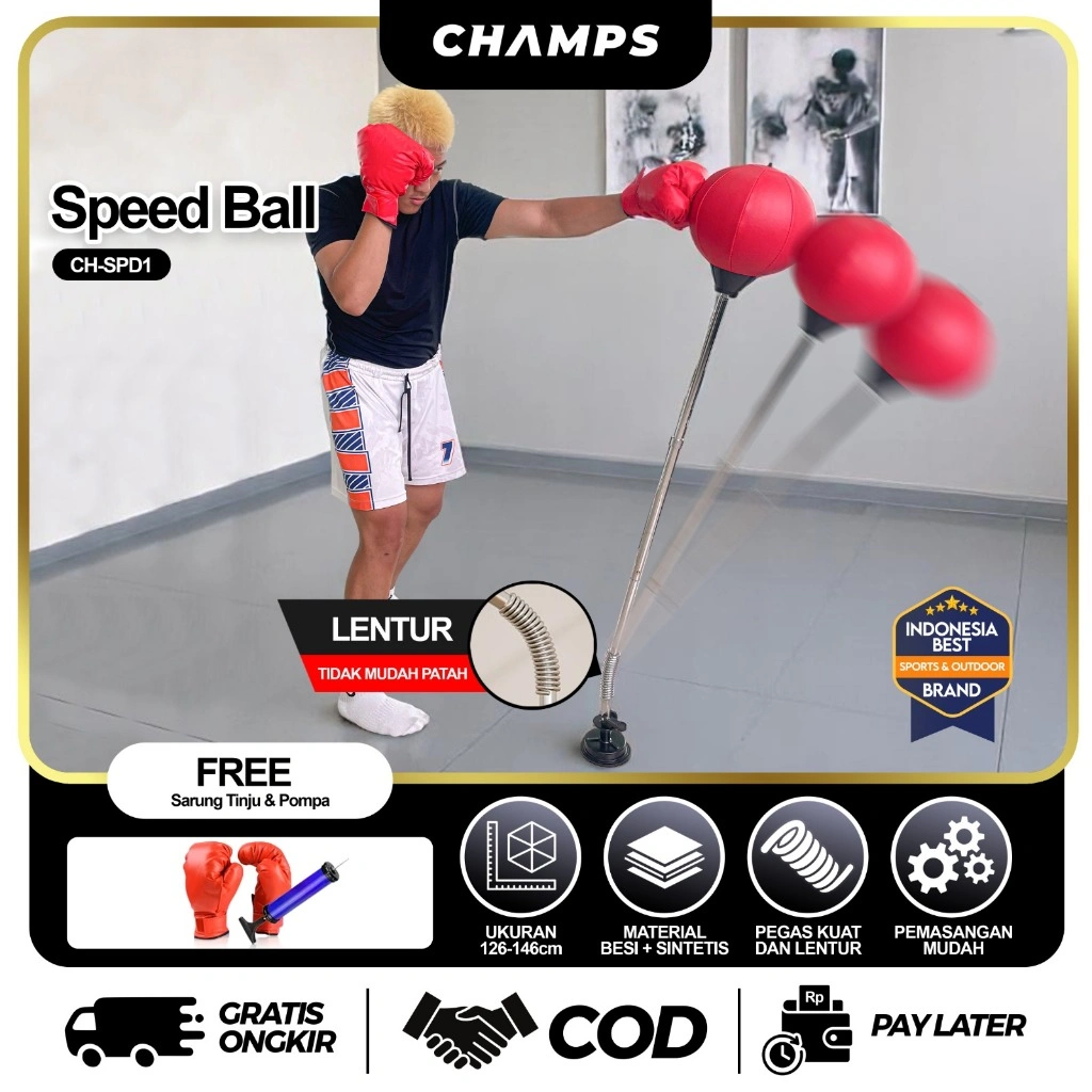 CHAMPS Speed Ball Samsak Tinju – Punching Ball Portable Adjustable Latihan Cardio Free Sarung, Pompa