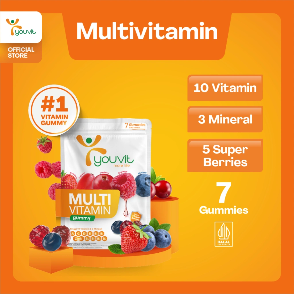 Multivitamin Gummy Dewasa untuk Imunitas | Youvit Multivitamin Dewasa 7 Hari dengan Vitamin C, Vitamin D, Zink & Superberries