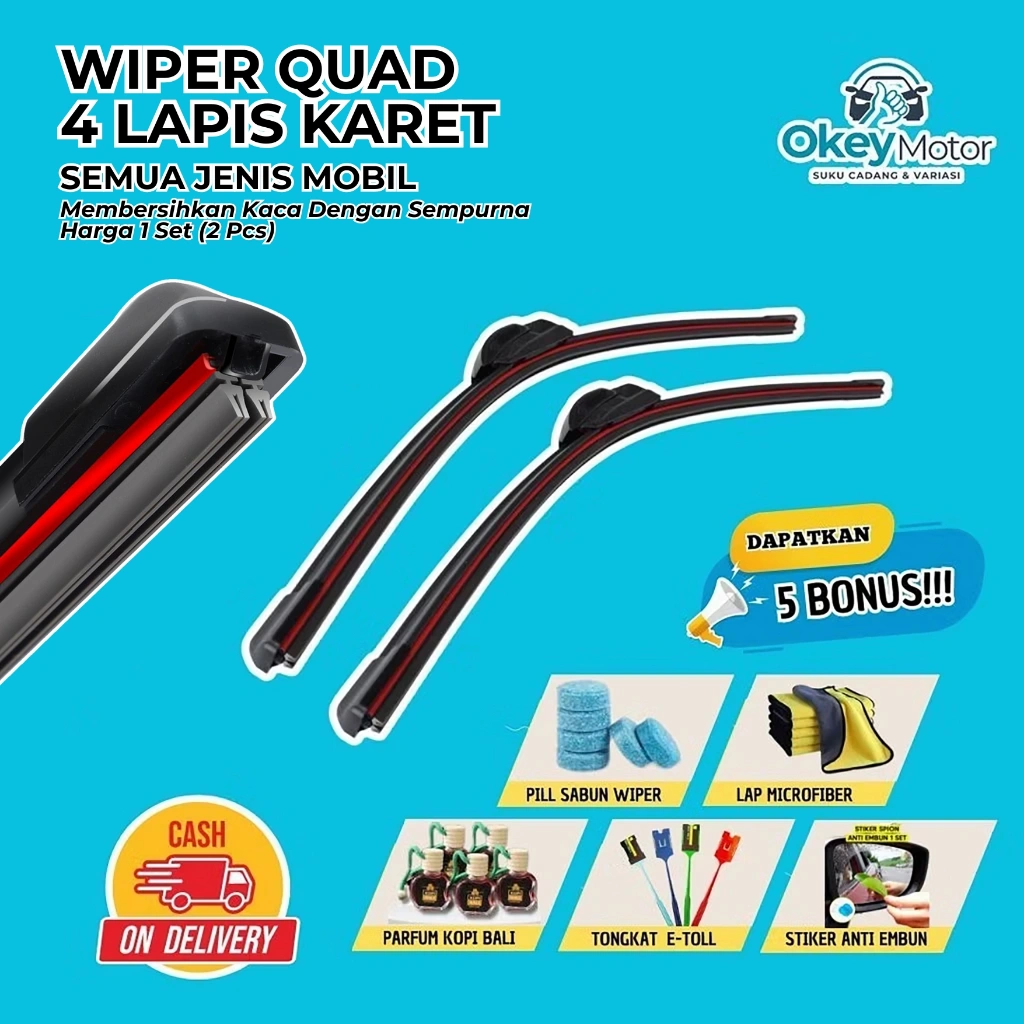 Wiper Mobil Quad 4 Lapis Karet Universal 1 Set Kiri dan Kanan Bonus 5 Item Pembersih Kaca Depan