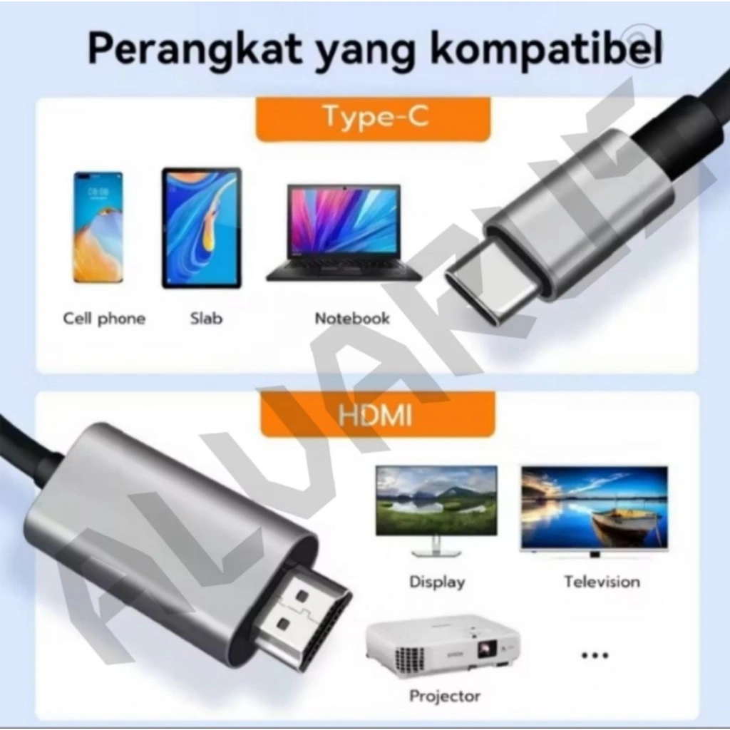 Kabel MHL USB Type C 3.1 to HDMI TV Converter 4K Kabel MHL USB Type C to HDMI TV Proyektor Converter 2M ALVARUS Adapter Kabel Type C to HDMI 4K UHD Converter Hp Type C ke TV 4K