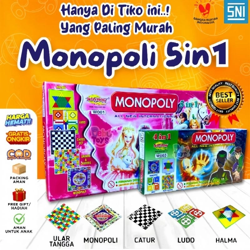 Monopoli 5 in 1 Board Game — Mainan Edukasi Keluarga & Anak, Papan Permainan Seru Lengkap