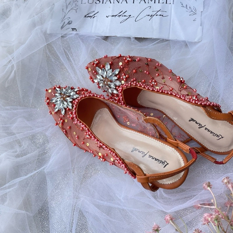 Aisuna | sepatu payet pengantin heels semi pantofel list gelombang wedding shoes acara pesta sepatu tali karet warna terra cotta