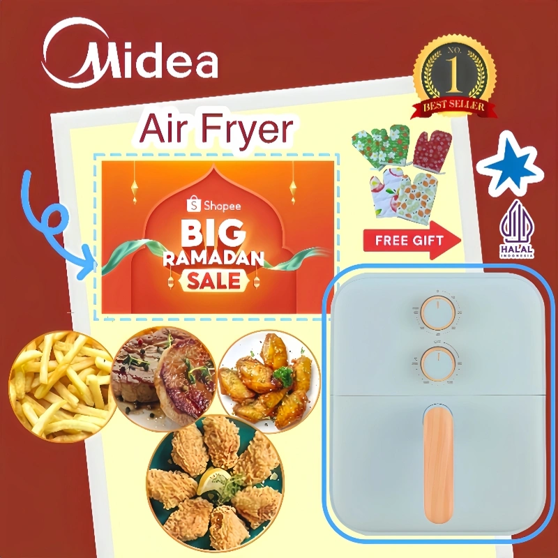 Hadiah Pernikahan Midea Airfryer Watt Model Putar Pegangan Kayu MAF400B0ADG