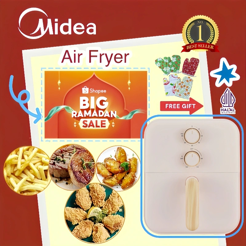 Hadiah Gratis Midea Airfryer Low Watt Model Putar Pegangan Kayu MAF400B0ADI