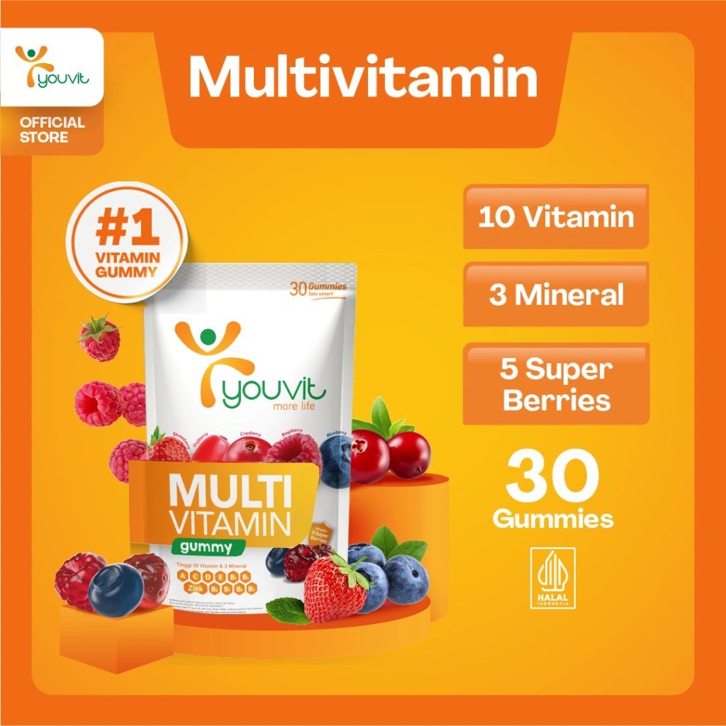 Multivitamin Gummy Dewasa untuk Imunitas | Youvit Multivitamin Dewasa 30 Hari dengan Vitamin C, Vitamin D, Zink & Superberries