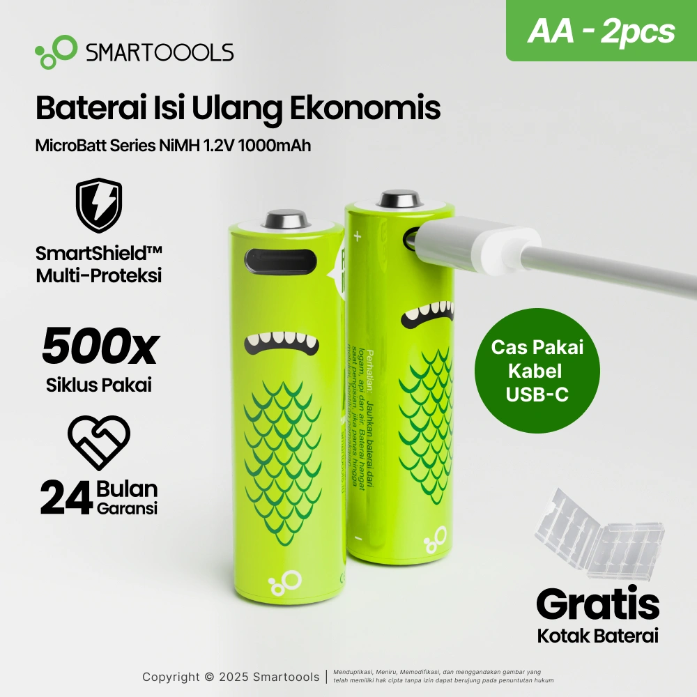 Baterai Cas Isi Ulang 2pcs Smartoools MicroBatt AA 1.2V USB Type-C NiMH Battery Charge Free Case