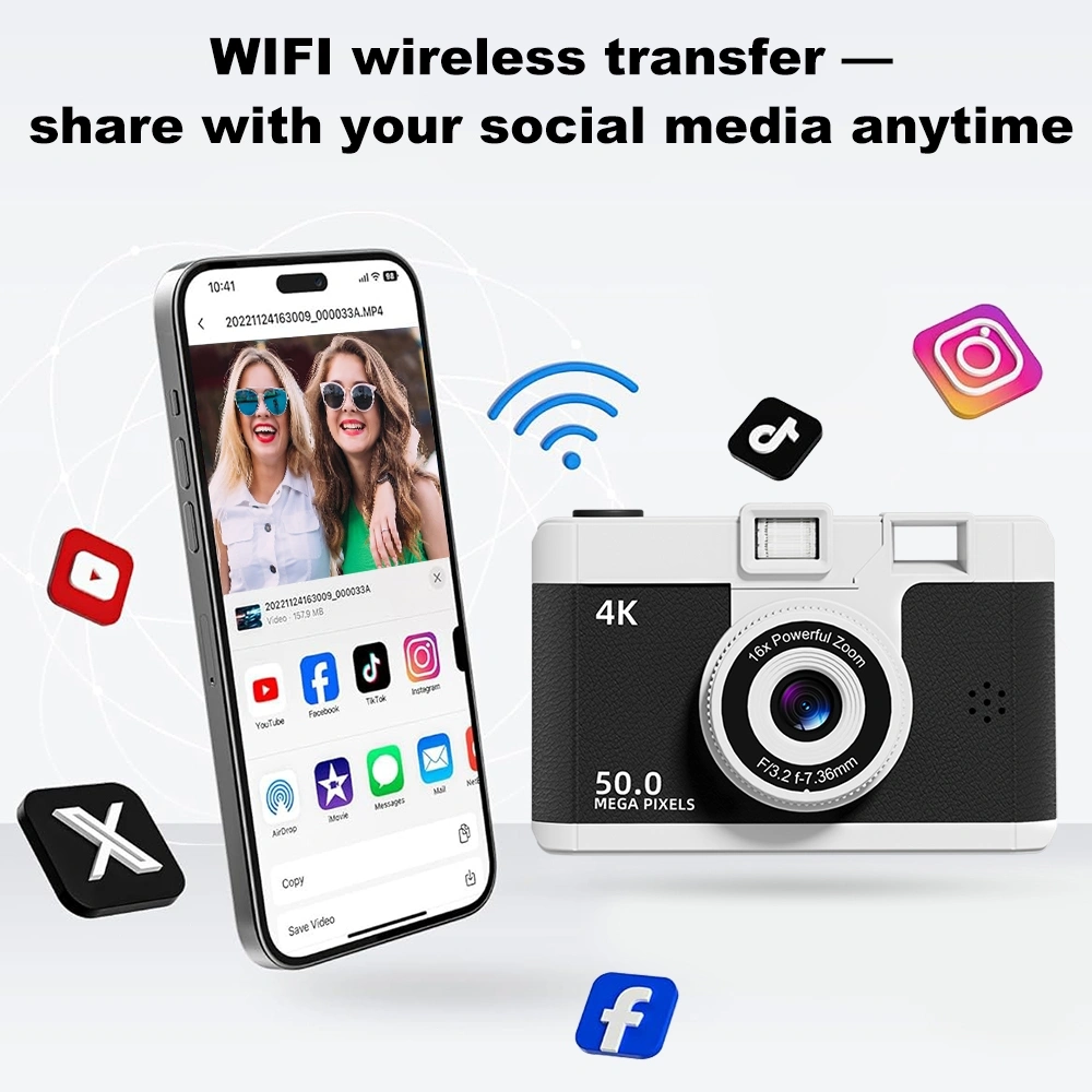 Gratis 32GB T-JERZEN Kamera Digital 50MP WiFi layar 2.4 inci 23 filter Cocok untuk fotografi pelajar