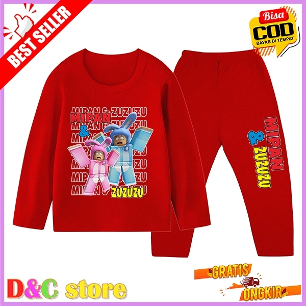 Setelan Baju Tidur Anak Gambar Mipan&Zuzuzu Piyama Panjang Ukuran 1 Sampai 10 Tahun