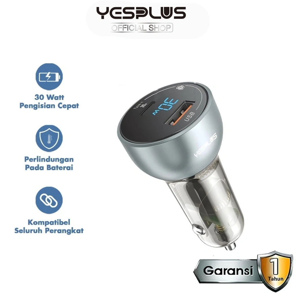 Car Charger YESPLUS YS-1211 New Saver Car Charger PD30W+QC3.0 USB and TYPE-C Transparent LED display