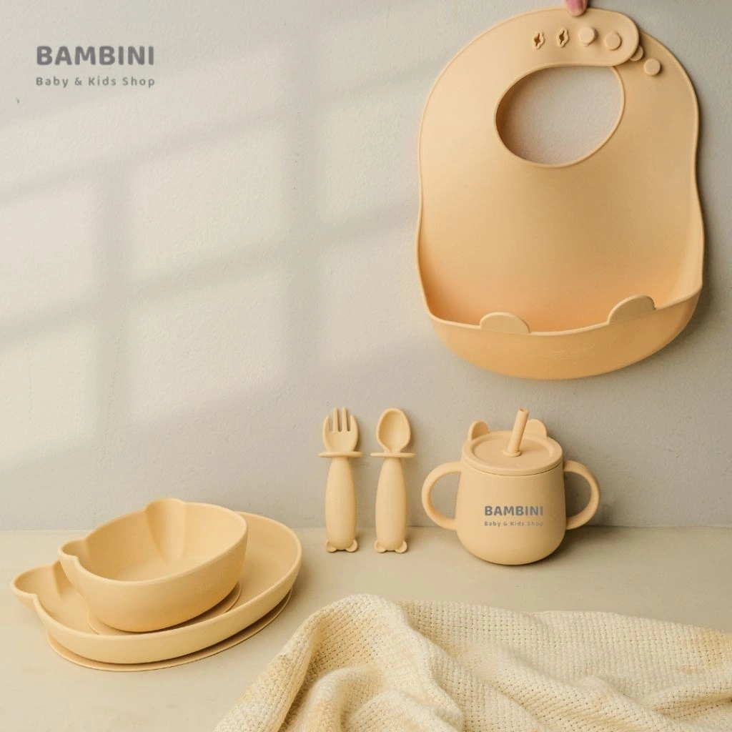Bambini - Coco Set Alat Makan Anak (7 pcs) | Piring Mangkok Anak Bear | Suction Piring Mpasi