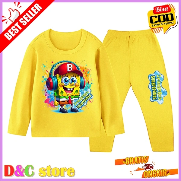 Setelan Baju Tidur Anak Gambar Spongebob Piyama Panjang Ukuran 1 Sampai 10 Tahun