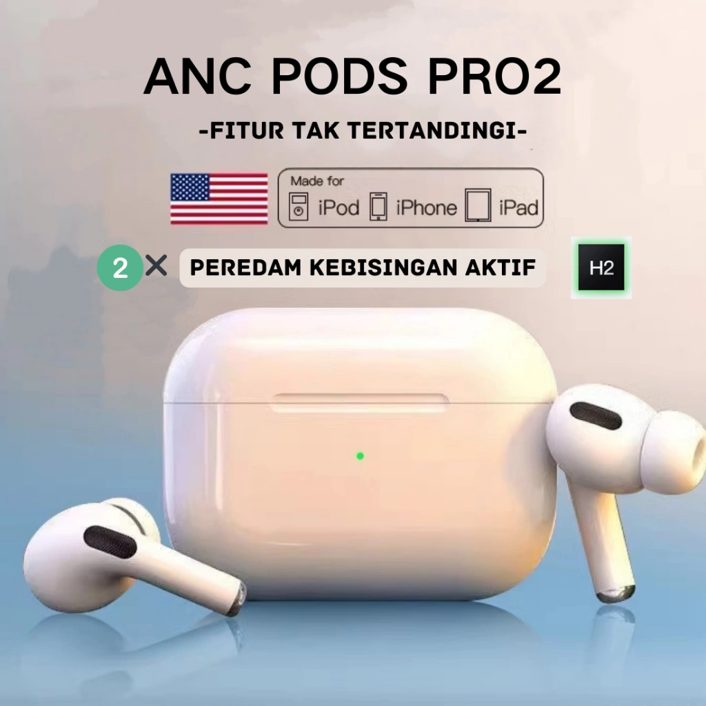 ANC Pods Pro 2 TWS Noise Cancelling headset bluetooth Super Bass earphone bluetooth Headset gaming headset iphone with wireless Charging case + Free Premium Silicone Softcase with Free Hook