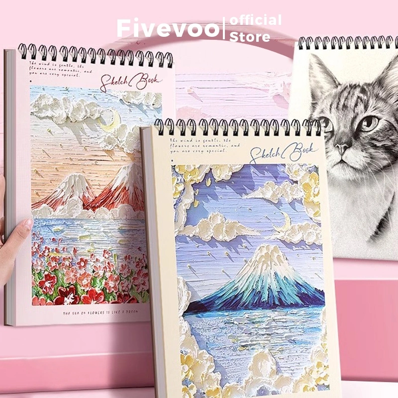 FIVEVOO Buku gambar/ Buku Melukis/ Sketchbook A4 / Buku Gambar Aesthetic/ Buku Gambar Vertikal Jilid Spiral 45 Lembar