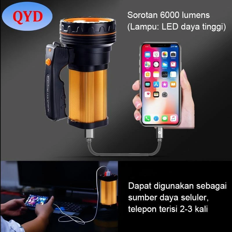 QYD Senter LED Super Terang Tahan Air IPx4 80 watt 9000 lumens Senter Multifungsi Power Bank Q953