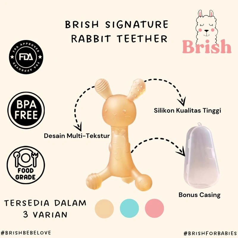 Rabbit Teether - Brish - Gigitan Bayi Silikon Kualitas Tinggi | BPA Free | Lentur Dan Fleksibel | Bonus Casing