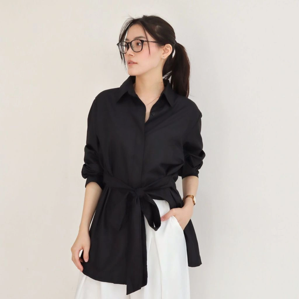 [EXCLUSIVE] MSMO Bora Tied Shirt  Kemeja Wanita / Blouse Wanita / Kemeja Lengan Panjang / Kemeja Kantor / Office Wear / Atasan Wanita Brown Grey