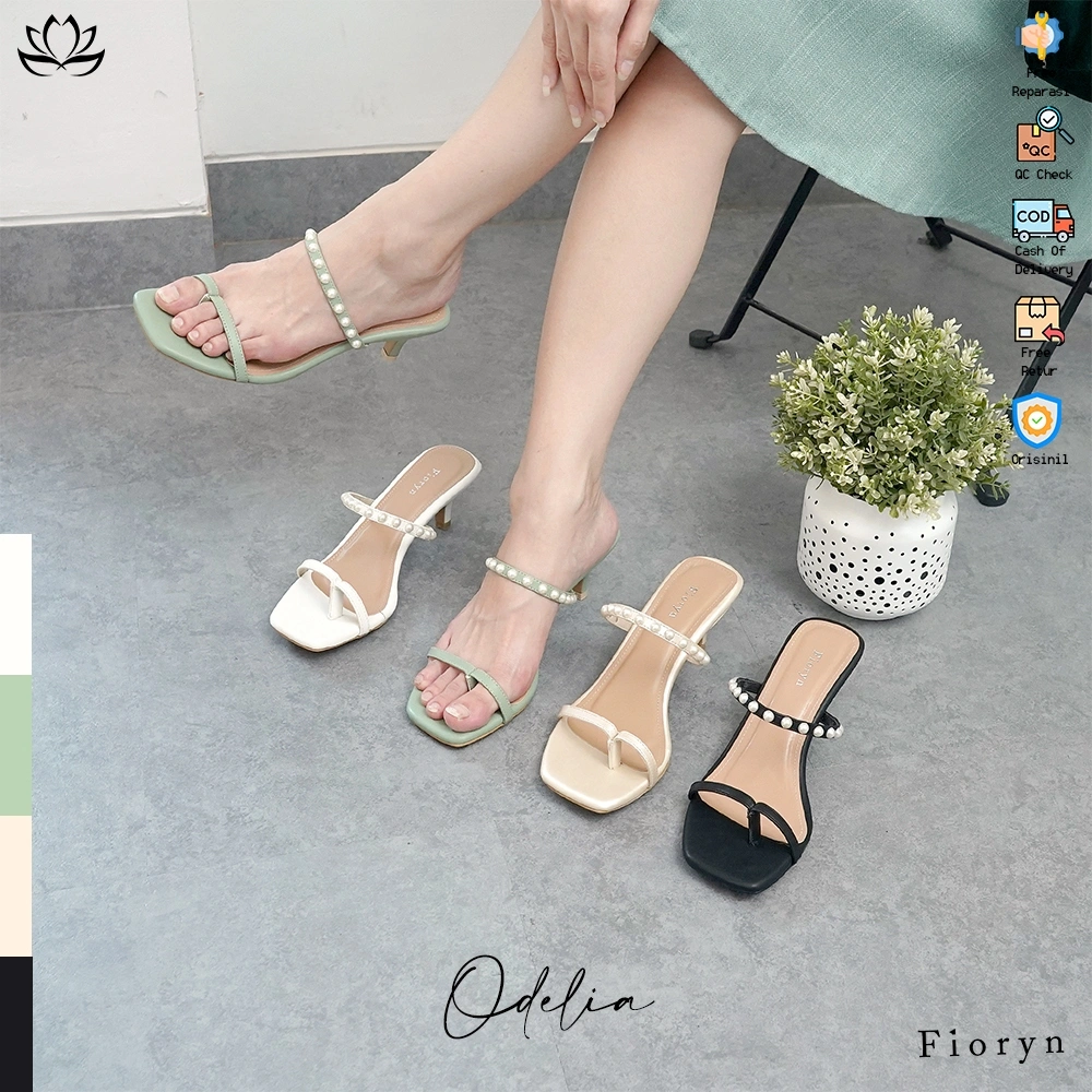 Fioryn - Odelia Sandal Wanita Hak lancip  / Kitten Heels 5 cm dengan aksesoris mutiara