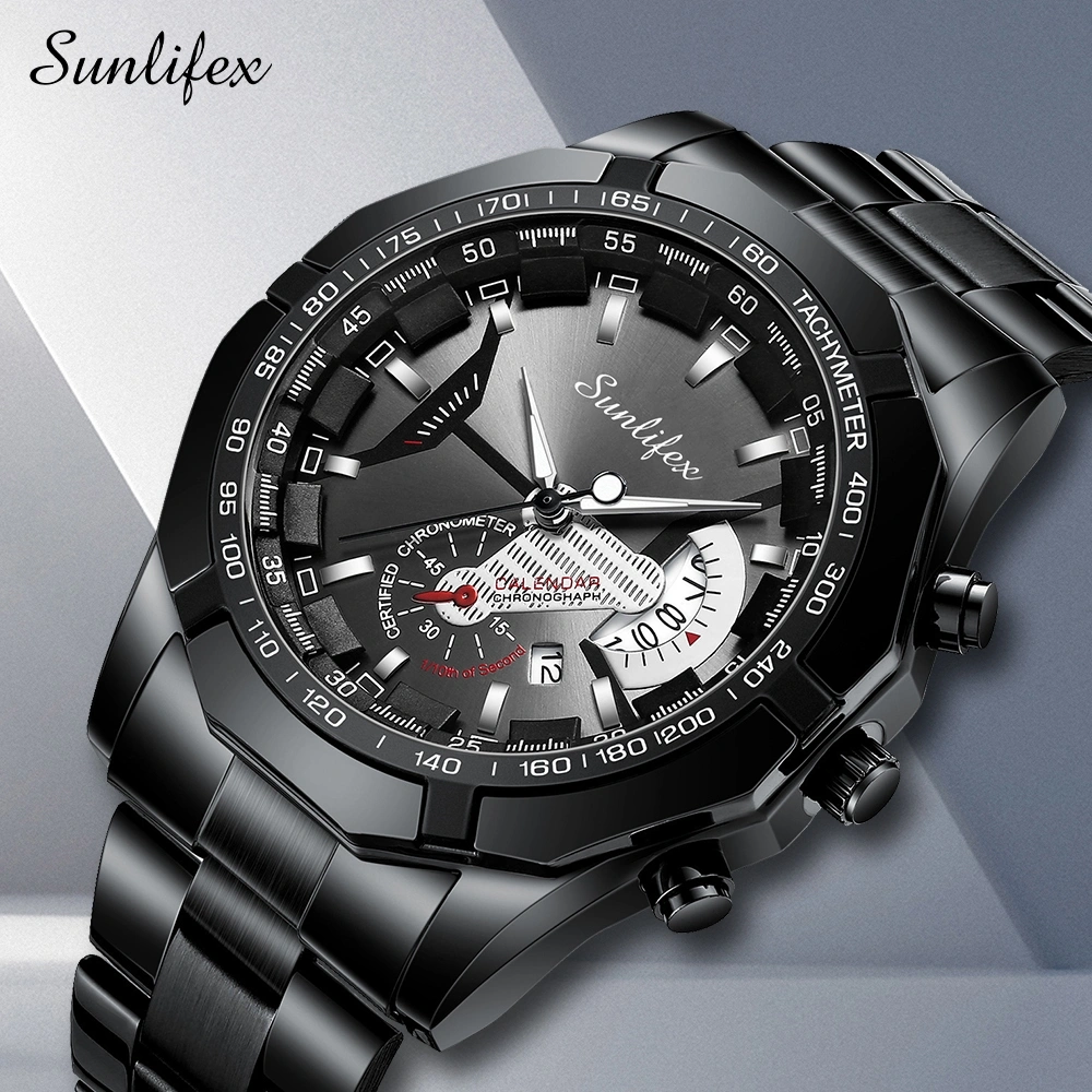 Sunlifex 9094 Jam Tangan Pria Anti Air Tali Stainless Steel Kalender Bisnis Luxury Cowok New Watch