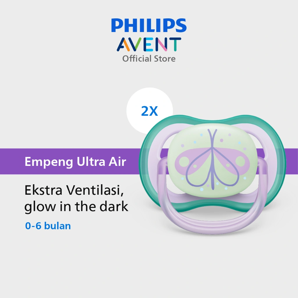 Philips Avent | Empeng Bayi / Soother Bayi | Ultra Air Glow In The Dark | Empeng dengan Ekstra Ventilasi | Character | 0-6M | SCF376/19
