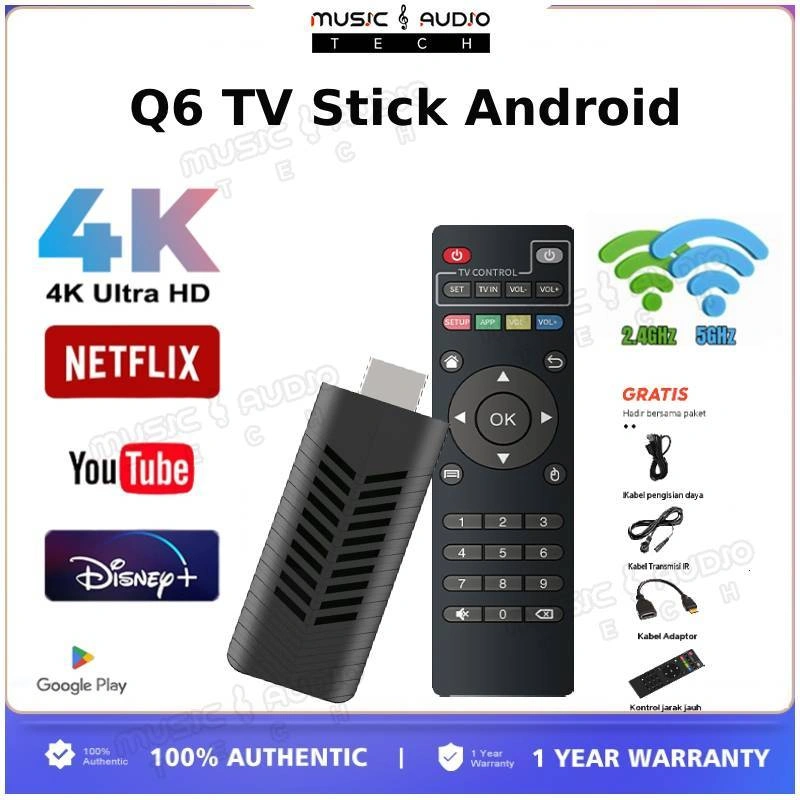 Q6 TV Stick Android 9.0 Smart 4K Dolby DTS Audio Streaming Smart WIFI 6+64G TV Sticks For Google YouTube NETFLIX Network Media Player