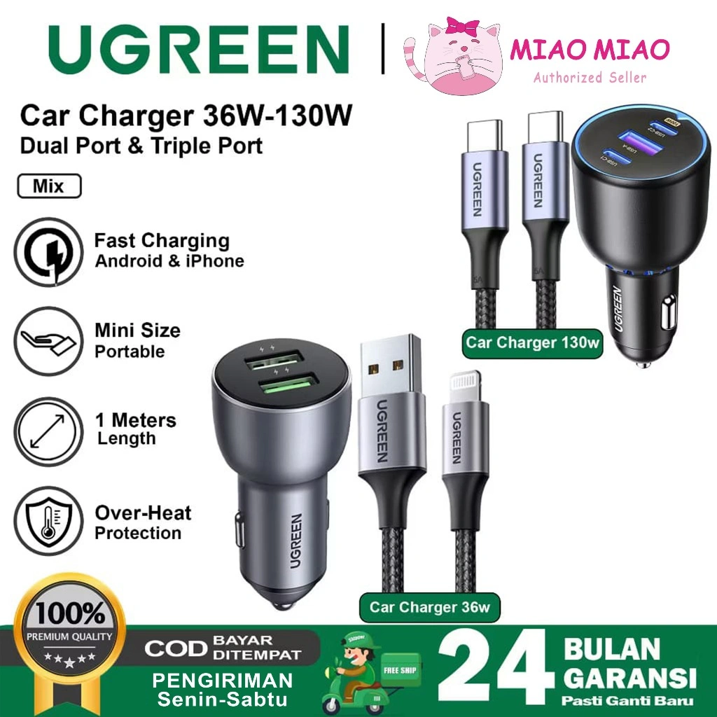 UGREEN Car Charger Mobil Dual Port USB A Fast Charging Untuk Semua Hp 30W 36W 63W 75W 130W MO-308