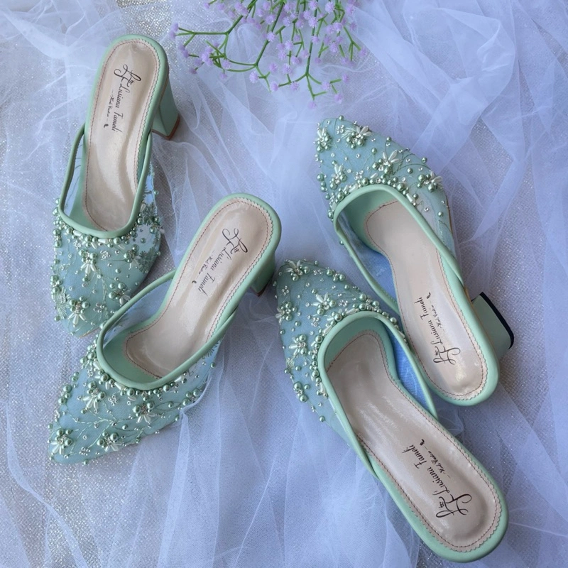 Woojin | heels pesta wanita sepatu payet  wedding shoes sepatu kondangan kain tile akar  transparan sepatu payet hak tahu  warna sage green