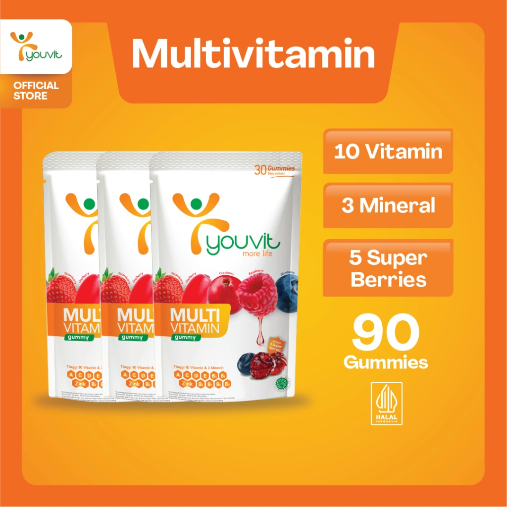 Multivitamin Gummy Dewasa untuk Imunitas | Youvit Multivitamin Dewasa 90 Hari dengan Vitamin C, Vitamin D, Zink & Superberries