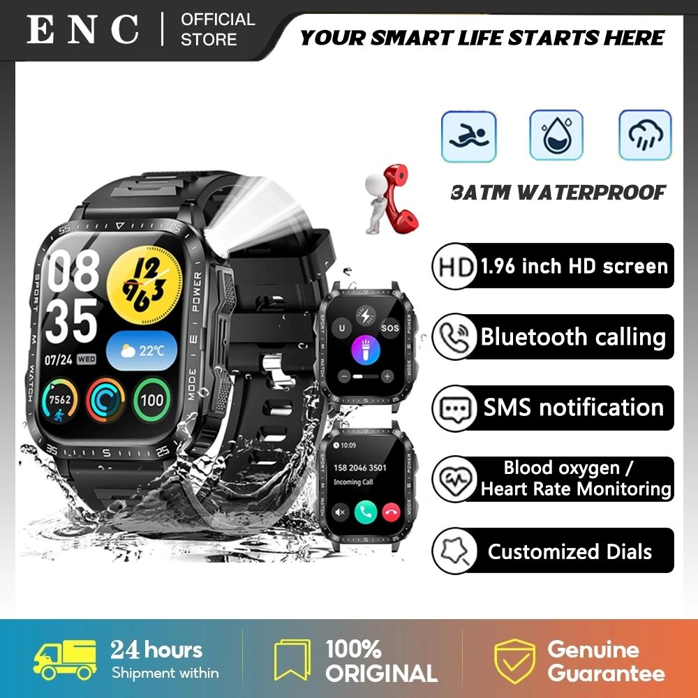 ENC Military Smartwatch for Men with LED Flashlight Watch 1.96'' Big Screen Tactical Smartwatch 430mAh Big Battery Fitness Tracker with Heart Rate Sleep Monitor Make Calls for iPhone Android