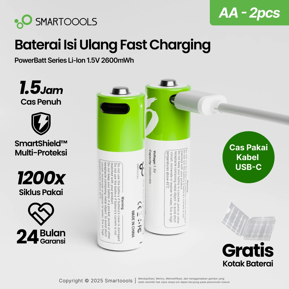 Baterai Cas Isi Ulang 2pcs Smartoools AA 1.5V Type-C USB Lithium Battery Charge Free Case