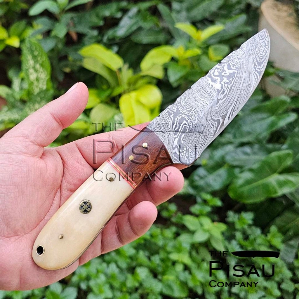 Ready Stock - Pisau Import Skinner Damascus Handmade dengan Sarung Kulit | Bushcraft | Camping  Kuat, Tajam & Klasik