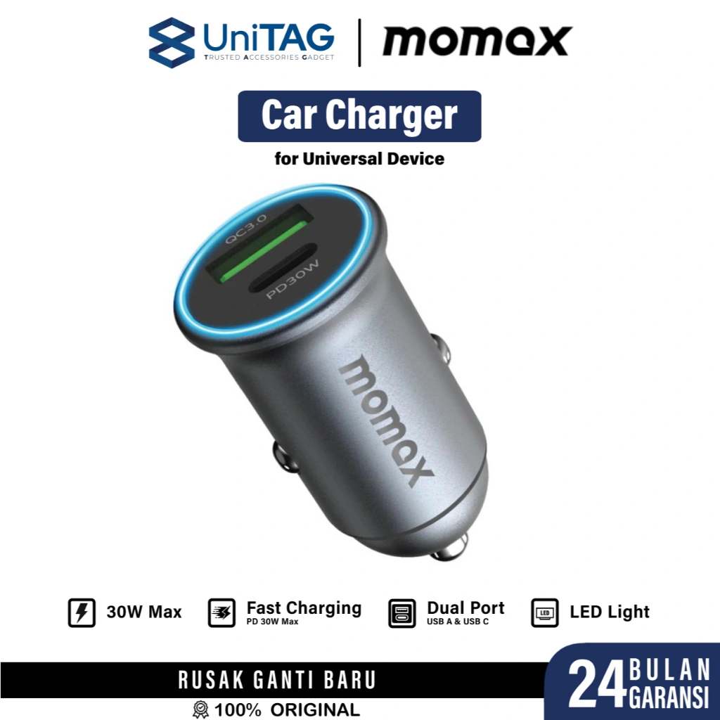 Momax Car Charger Fast Charging Samsung iPhone iPad 38W 60W 67W 100W PD QC Dual Port USB A USB C by UniTAG