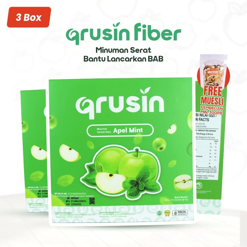 Qrusin Fiber Minuman Serat Suplemen Diet Detox Pelangsing Penurun Berat Badan 3 Box