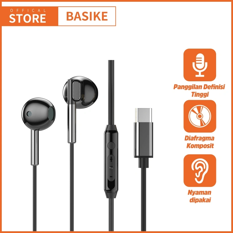 (HOT)BASIKE Headset kabel Gaming Earphone 9D HIFI music In Ear 3.5mm type C for Samsung xiaomi oppo