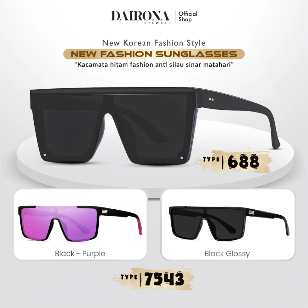 Dairona Eyewear Kacamata Hitam Anti Silau UV400 Polarized Sunglasses Gaya Korea Pria Wanita Terbaru Bentuk Kotak Ukuran Besar PC 688-7543