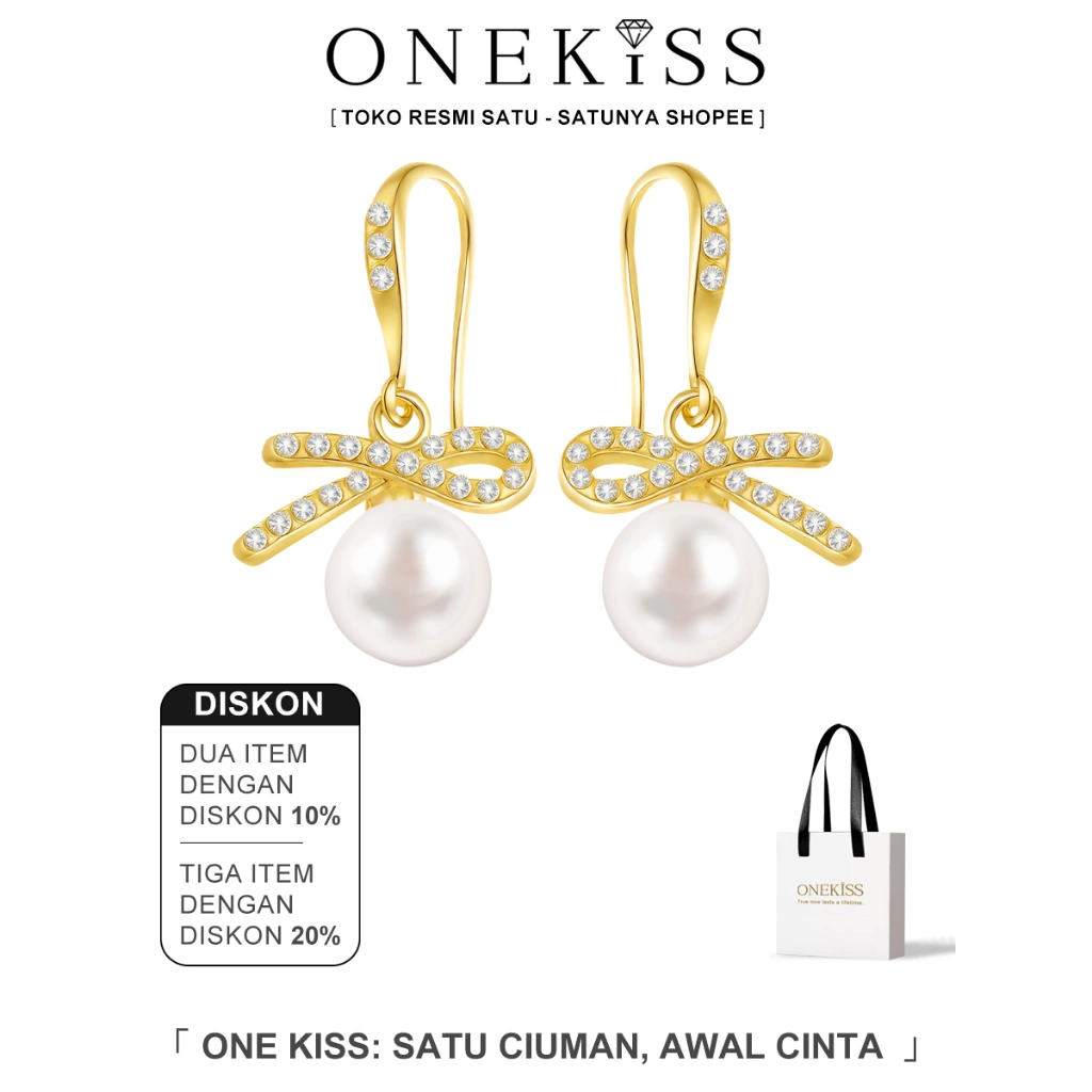 Onekiss - Anting Gantung Wanita Berlian dan Mutia Baja Titanium mutia emas - romantis dan melekat - ES-4