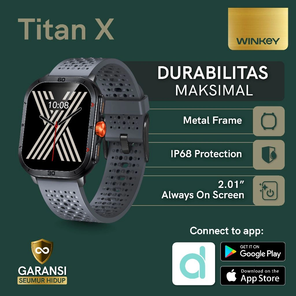 WINKEY Smartwatch Pria Titan X Metal Frame Layar AMOLED 100+ Mode Olahraga IP68 Waterproof