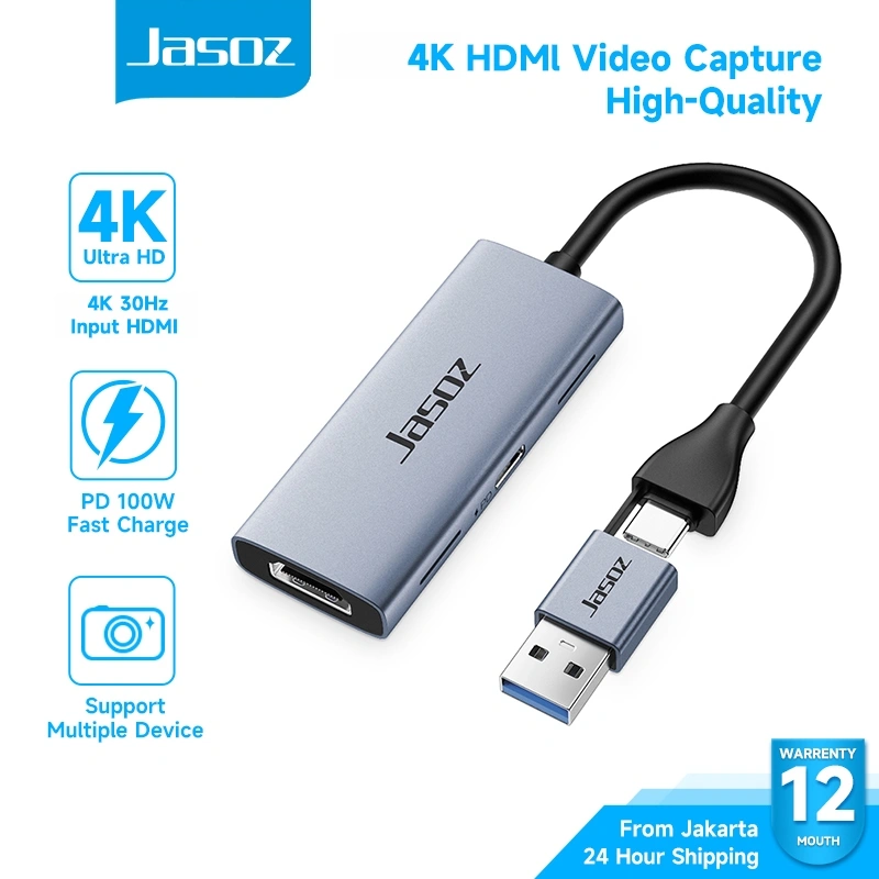 Jasoz HDMI Video Capture Card 4K USB 3.0 Type C to HDMI Game Capture With PD 100W Fast Charge