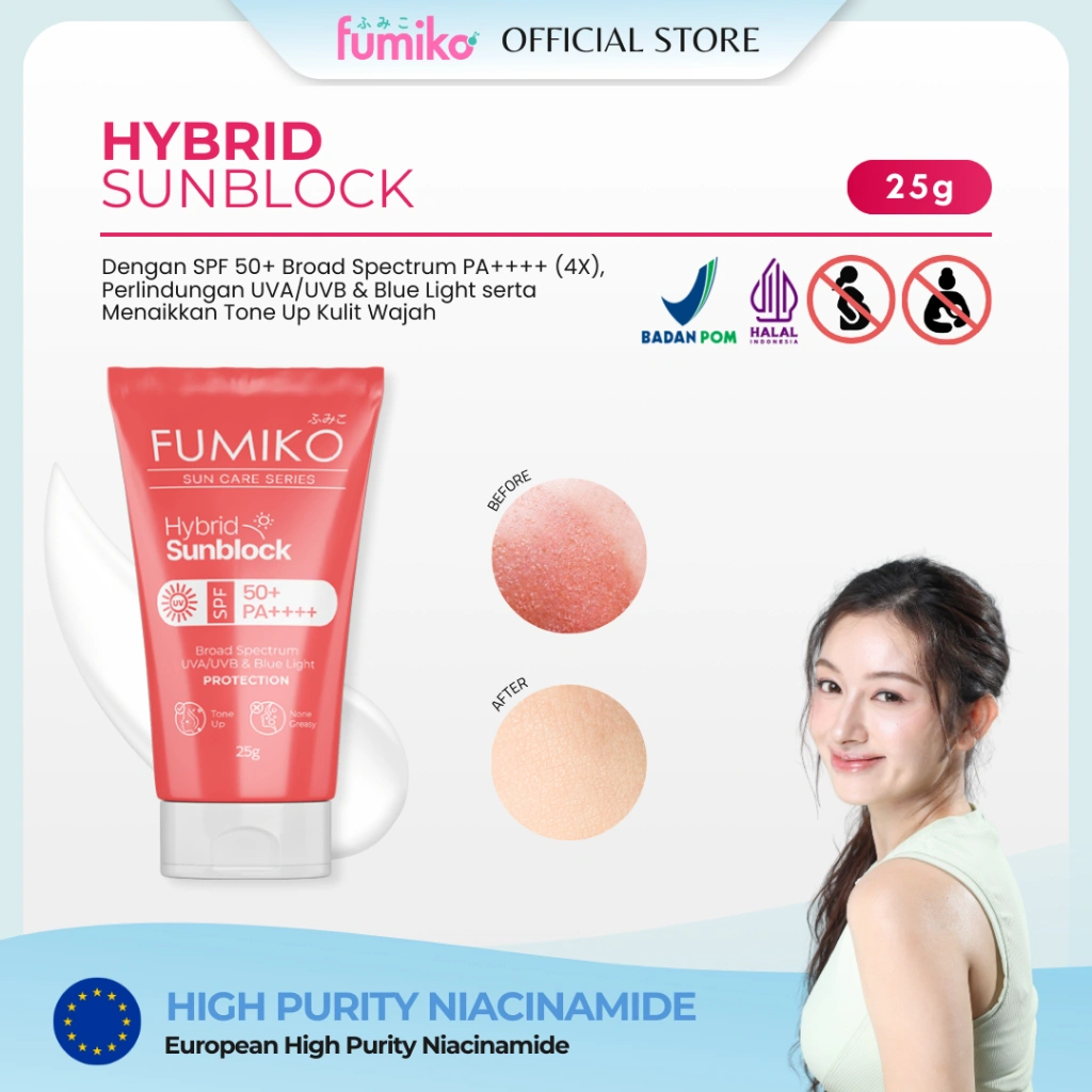 Sunblock SPF 50+/PA++++ 25g Hybrid (Chemical dan Physical) Fumiko Max Protection - Mencerahkan Kulit & Glowing | None Greasy